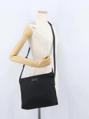 GUCCI GG Canvas Shoulder Bag Nylon Black Silver 314529 Auth gh1748